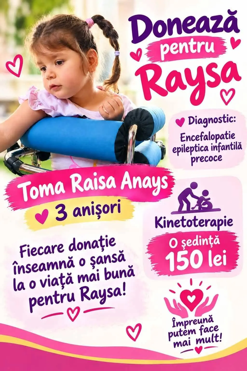Afișul campaniei Donează pentru Raysa: Toma Raisa Anays, 3 anișori